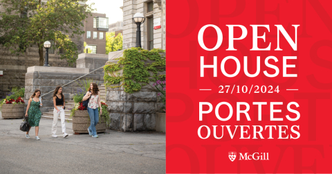 Open House graphic featuring wording on the right side and a photo of three students walking on campus on the left side.