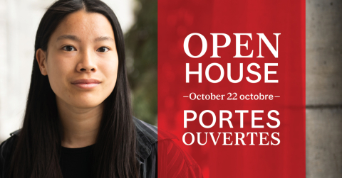 Open House graphic featuring a student smiling at the camera