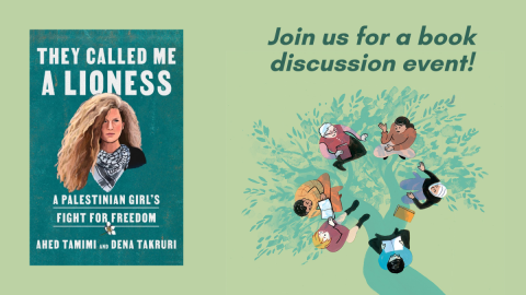 Left: Book cover for They Called Me a Lioness Right: Illustrated image of people talking under a tree.