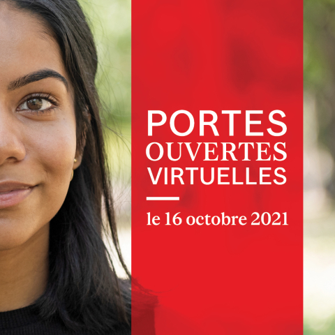 Portes Ouvertes virtuelles graphic featuring women and white text on red background.