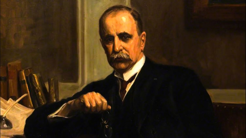 Painting of William Osler at a desk with books.