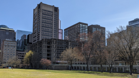 Foreground: Lower west field. Background: McLennan-Redpath Library Complex and skyscrapers on Sherbrooke St.