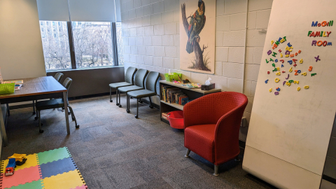 Photo of the Family Room featuring table, chairs, whiteboard, playmats, bookshelf, books, toys