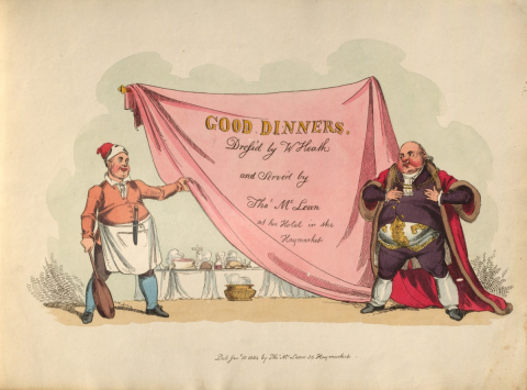 men standing next to a pink curtain reading Good Dinners.