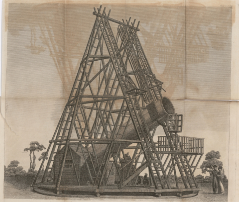 engraving of a forty foot telescope in scaffolding