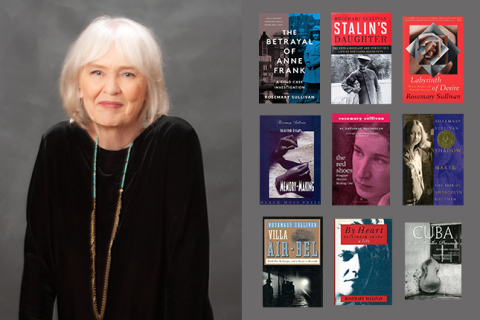 Graphic featuring a photograph of author Rosemary Sullivan and covers of her books on the right hand side