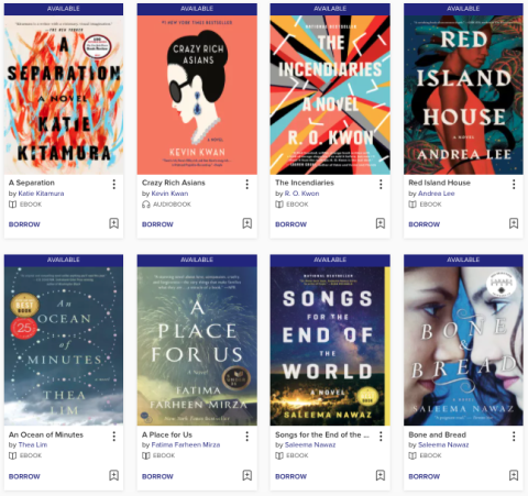 Screenshot of OverDrive page featuring eight colourful book covers.