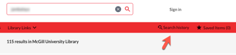 Screenshot that shows how to save search in Library catalogue by clicking "Search History"
