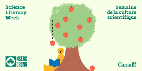 Illustrated Science Literacy Week graphic featuring a person reading under a tree with an apple about to fall on them.