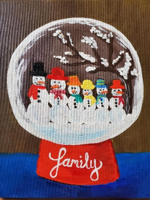 Painting of a family of snow people in a snow globe
