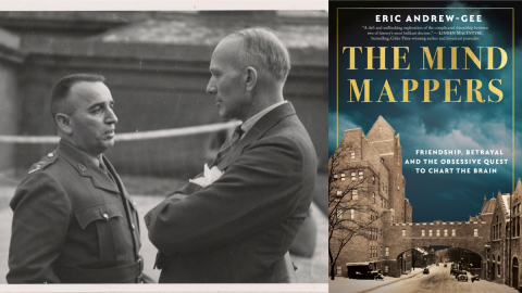 Left: Black and white image of Dr. Cone and Dr. Penfield in conversation. Right: Book cover for The Mind Mappers. Left image: Wilder Penfield and William Cone, photograph. [Online image]. Wilder Penfield Digital Collection Wilder Penfield Fonds P142 -- Series A (Administration) -- Sub-Series A/N (Administration, Neuro) . Osler Library of the History of Medicine, McGill University . Retrieved April 16, 2025 from http://digital.library.mcgill.ca/penfieldfonds/fullrecord.php?ID=10119