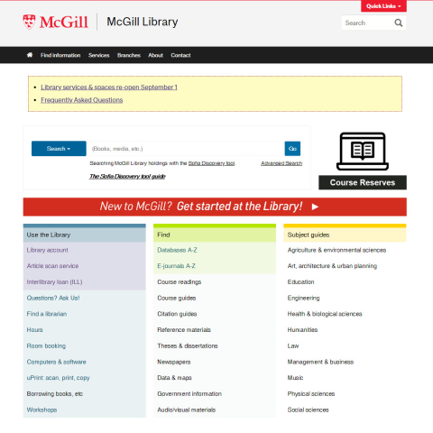 Screen capture of the Library website