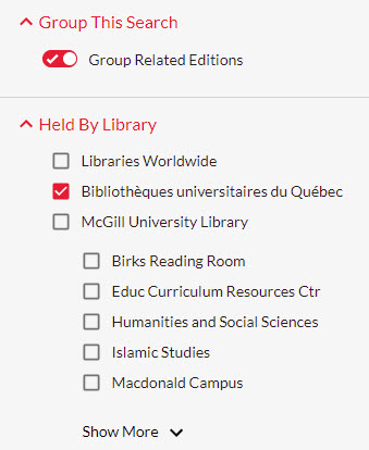 Screenshot of the "Held By Library" options in the McGill library catalogue