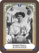 card showing a woman in basketball uniform holding a basketball reading I team R.V.C. 