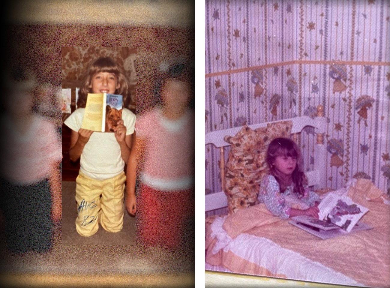 At left, Lori as a child, kneeling and holding an open copy of Born Free. At right, Lori reading herself to sleep propped up in bed with an open book.