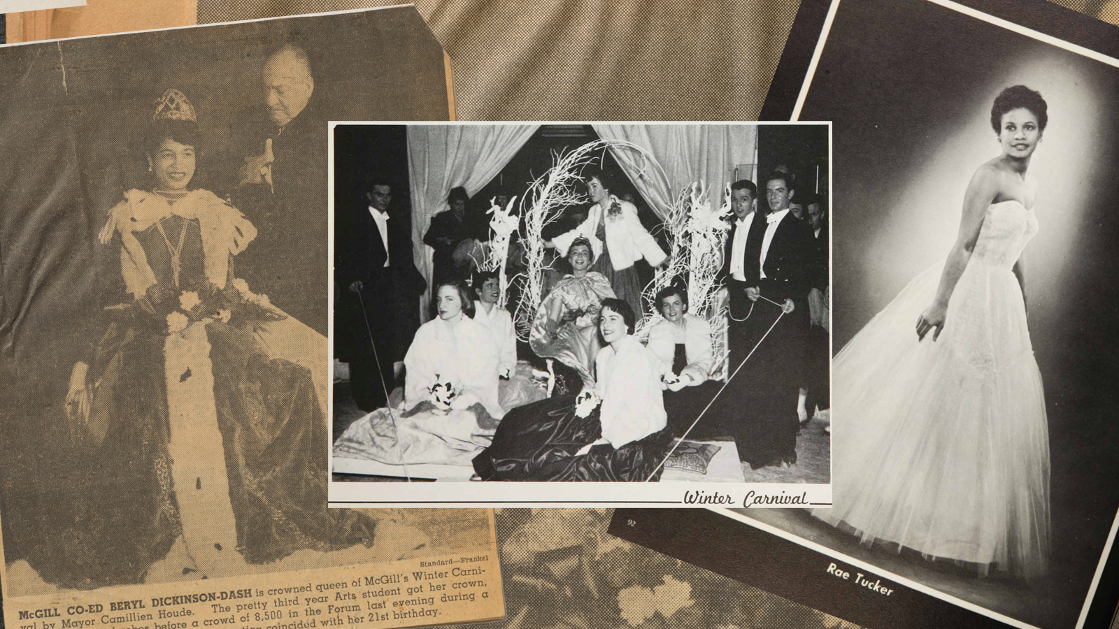 newspaper clippings and black and white photos of carnival queens