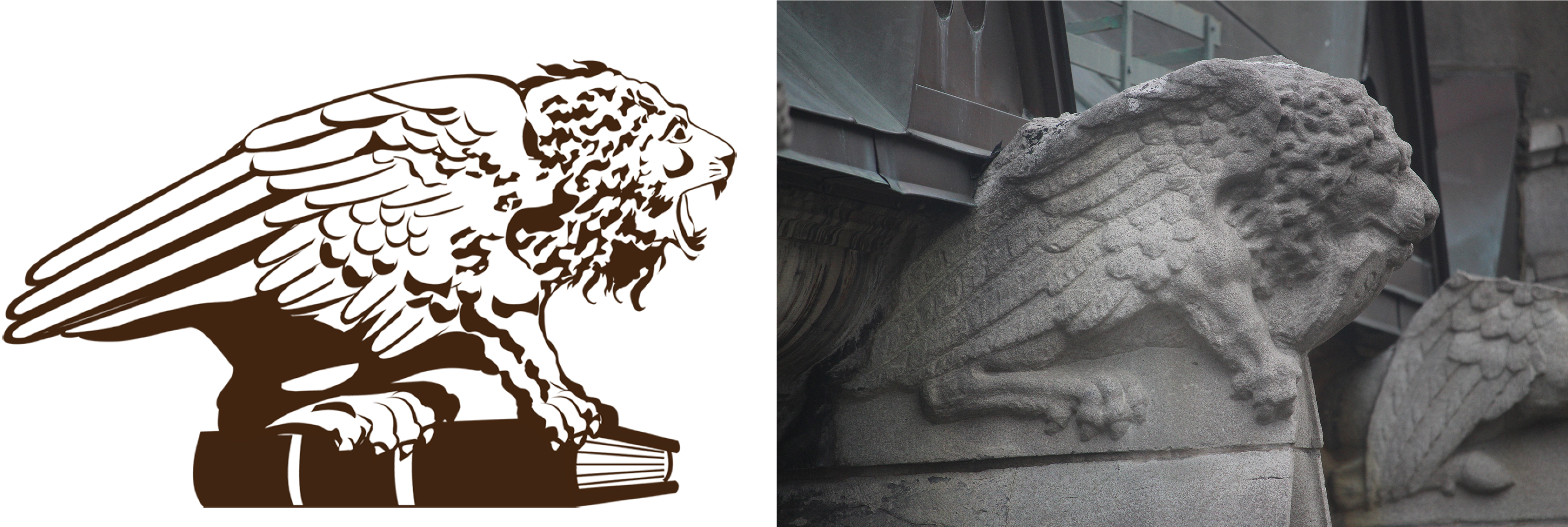 a roaring venetian lion, crouching on a book next to a photo of a venetian lion gargoyle that is holding a book in its mouth