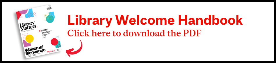 Graphic showing colourful cover of Welcome Handbook on left and wording "Library Welcome Handbook: Click here to download the PDF"