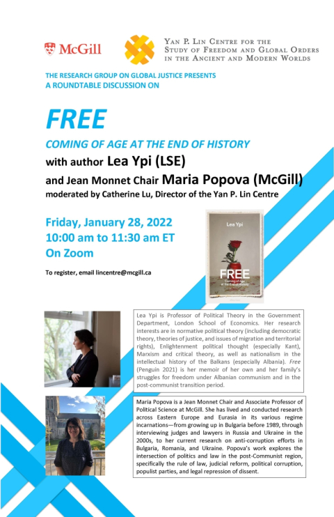 Poster for roundtable event with Lea Ypi and Maria Popova