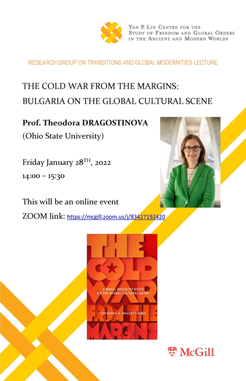 Poster for Dragostinova talk with images of her and the book cover.