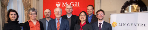 The research group coordinators with Timur Kuran (Annual Speaker in 2018) with the Lin Centre Logo Banner and McGill Logo in background