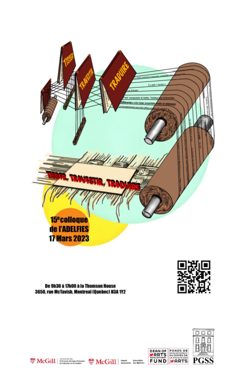 Affiche du colloque: dessin d'une machine à tisser avec les mots "Tisser", "Travestir" et "Traduire" qui circulent à travers les rouleaux.