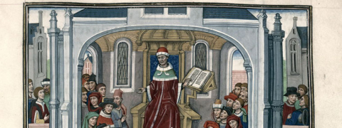 Reproduction d'une toile médiévale représentant une rencontre entre clercs