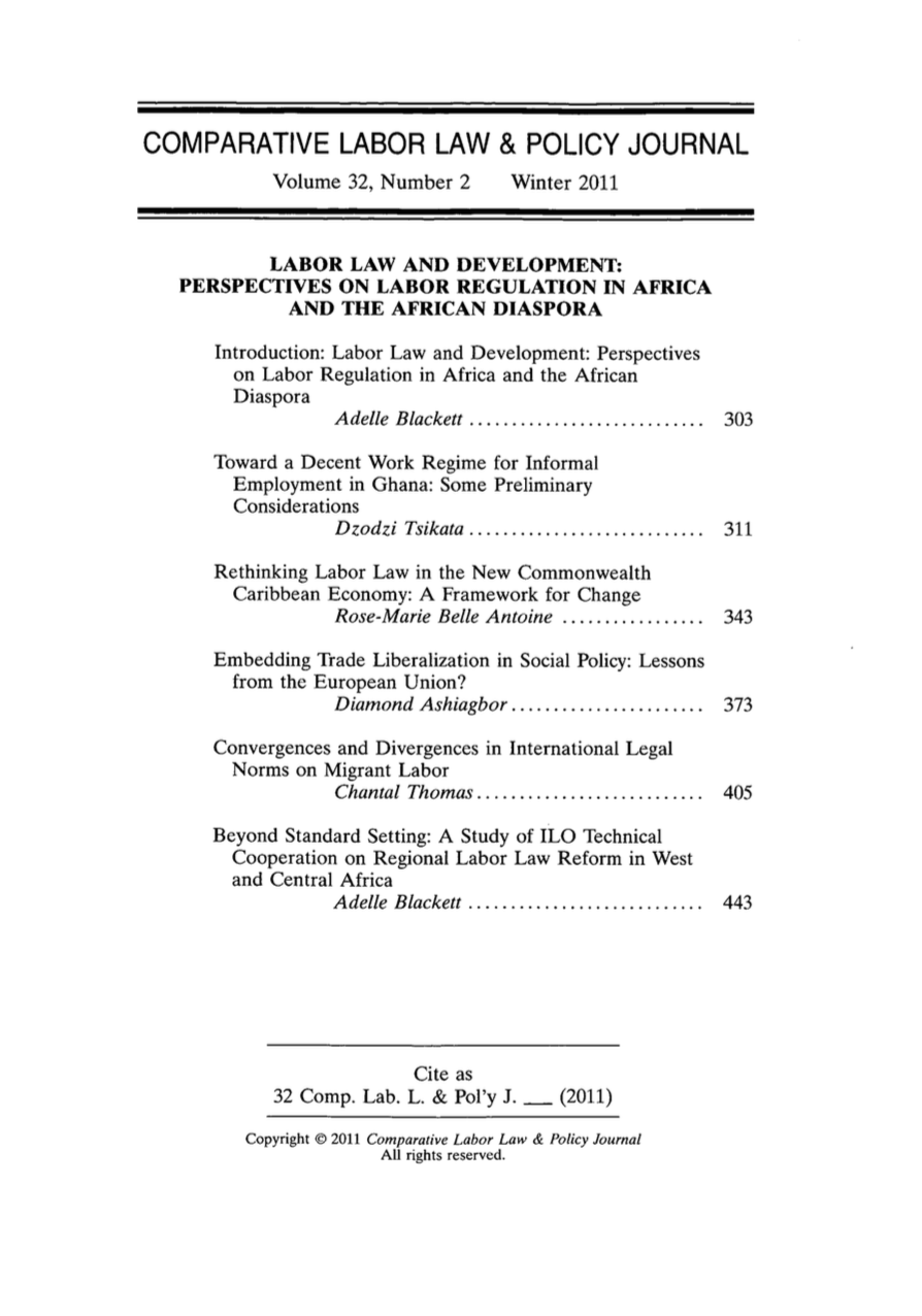 Table of contents of Volume 32, Number 2 of the Comparative Labor Law and Policy Journal published in Winter 2011