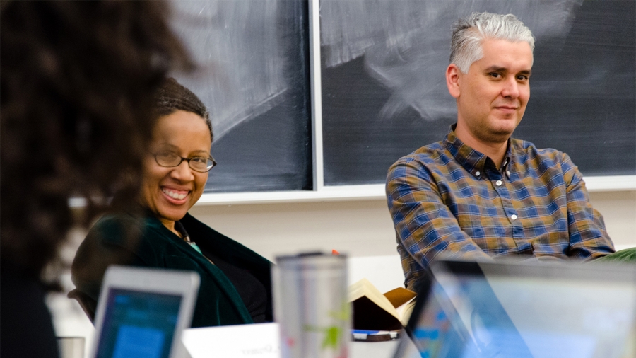 Profs Glenn Coulthard and Adelle Blackett in classroom
