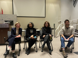 Photo of Mathilde Baril-Jannard, Professor Adelle Blackett, Ric Esther Bienstock and Dr. Edward van Daalen seated next to one another, smiling. 
