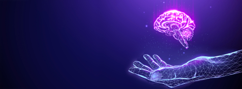 An abstract image of a hand held in space with a brain floating above, symbolizing care 
