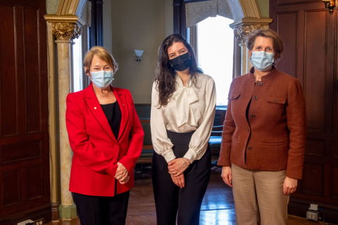 Natural Resource Sciences post-doctoral candidate Anais Remili stands alongside Principal Suzanne Fortier (far left) and Dean of Agricultural and Environmental Sciences, Anja Geitmann (far right).