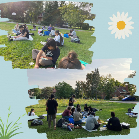 A group of students sit in the grass near the Mac meadow, painting.