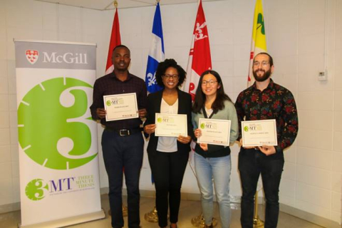 Lister Family Engaged Science 3MT Competition 2019 winners Jacob Liberty (3rd place); Anikka Swaby (1st place); Hannah Han (2nd place); Vincent Desaulniers-Brousseau (People’s Choice Winner)