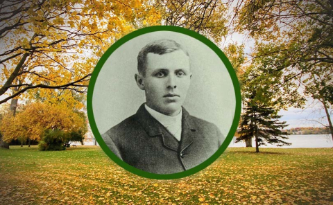 A black and white image of James Brace against a backdrop of an outdoor fall landscape of McGill's Macdonald campus