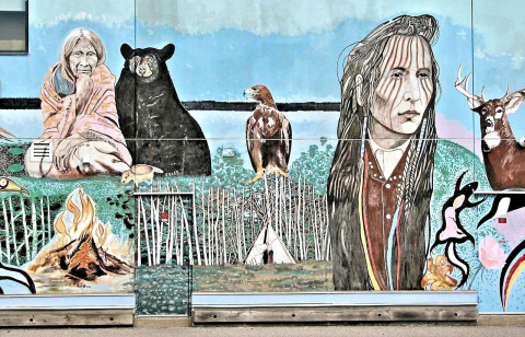 A mural on a building showcasing Indigenous art including a caribou, bear, hawk and women