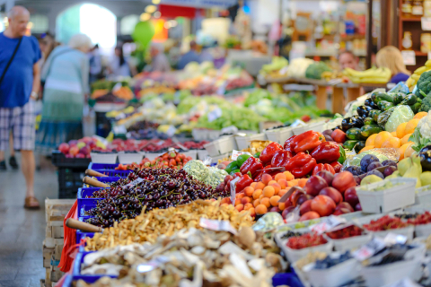 Fruits and vegetables on display at a market