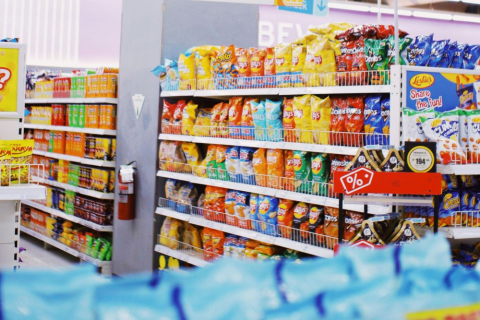 Bags of chips on a grocery store shelf