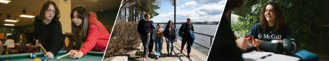 Students playing pool, walking by the lake, and studying on campus