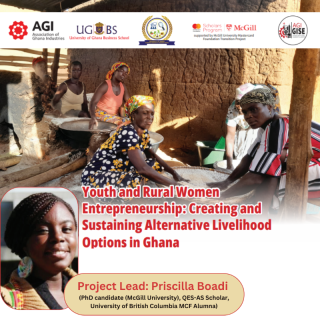 Event poster featuring PhD candidate Priscilla Boadi, and 6 women with hands in large bowls of grain.