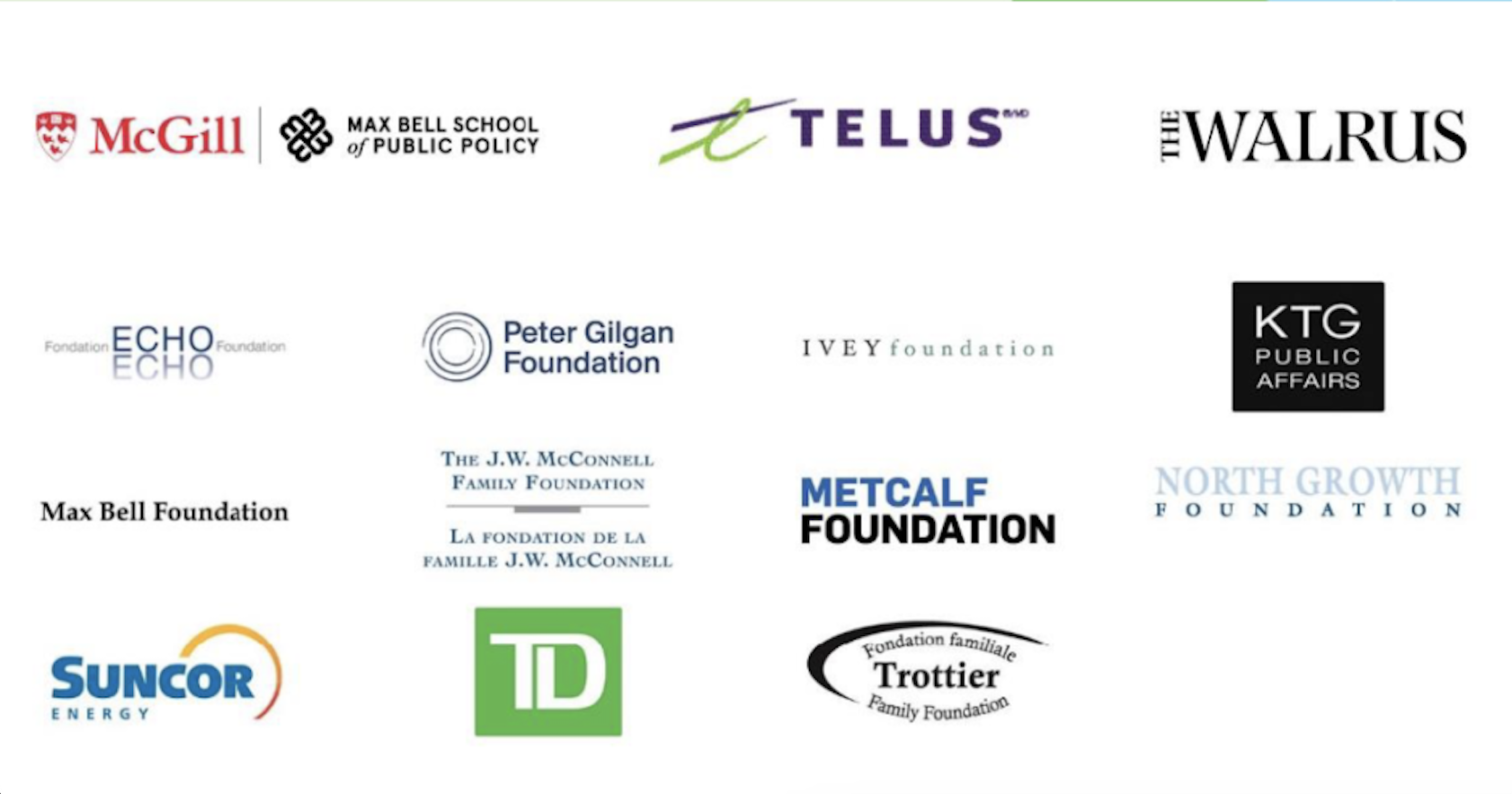 The list of sponsors for the event and their logos: McGill Max Bell School of Public Policy, TELUS, The WALRUS, ECHO, Peter Gilgan Foundation, IVEY foundation, KTG PUBLIC AFFAIRS, Max Bell Foundation. The J.W. MCCONNELL FAMILY FOUNDATION, METCALF FOUNDATION, NORTH GROWTH FOUNDATION, SUNCOR ENERGY, TD, and Trottier.
