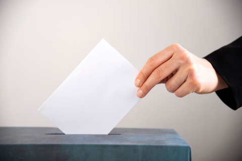 photo of a person putting a ballot in a grey box