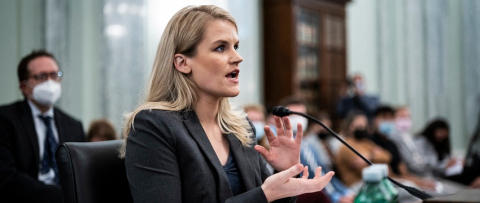 photo of Frances Haugen giving a speech