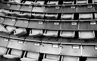 top view of a conference room in black and white