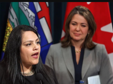 Photo of Advanced Education Minister Rajan Sawhney, left, with Premier Danielle Smith