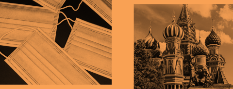 Two black and white images with orange overlay: one is several facemasks on a dark surface, the other is a picture of the Kremlin in the Red Square in Moscow, Russia.