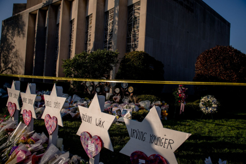 Makeshift gravestones outside the Tree of Life synagogue