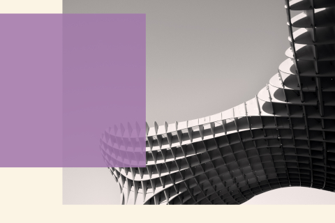 an image of futuristic spiraled architecture in black and white with a light purple square from the left on the creamy background