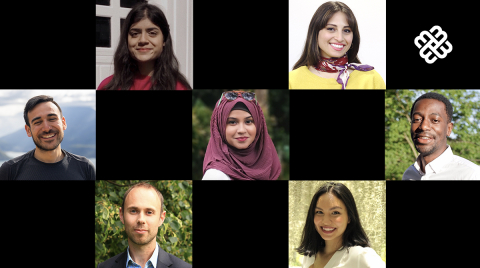 A grid of black squares, interspersed with portraits of MPP students with the Max Bell School logo on the upper right corner