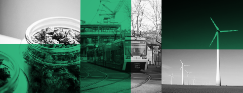 Three panel image of a jar filled with dried items, a light rail train and windmills